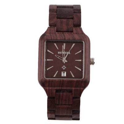 OBN New BEWELL Cool Men Natural Wooden Quartz Watch Aquare Shape Wristwatch-Red
