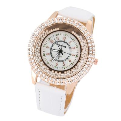 OBN New Round Women PU Leather Band Simulate Diamond Pearl Quartz Wrist Watch-White