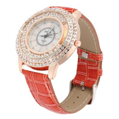 OBN New Round Women PU Leather Band Simulate Diamond Pearl Quartz Wrist Watch-Orange