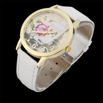 OBN Round Dial Rose Eiffel Tower Pattern Lady PU Leather Band Quartz Wrist Watch-White