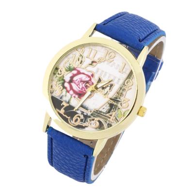 OBN Round Dial Rose Eiffel Tower Pattern Lady PU Leather Band Quartz Wrist Watch-Blue