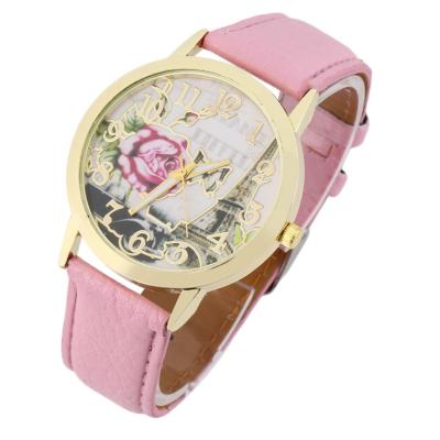 OBN Round Dial Rose Eiffel Tower Pattern Lady PU Leather Band Quartz Wrist Watch-Pink
