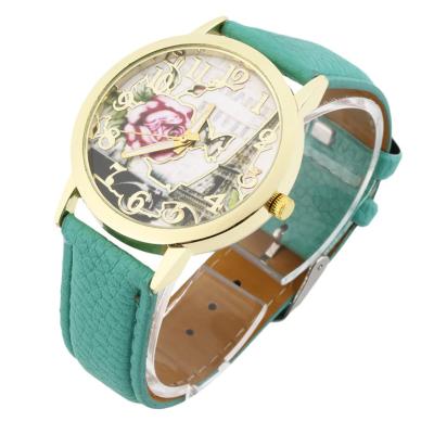 OBN Round Dial Rose Eiffel Tower Pattern Lady PU Leather Band Quartz Wrist Watch-Green