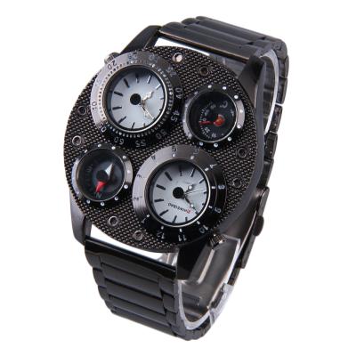 OBN SWEIBAO J1145 Stainless Steel Dual Time Compass Thermometer Quartz Watch-Black