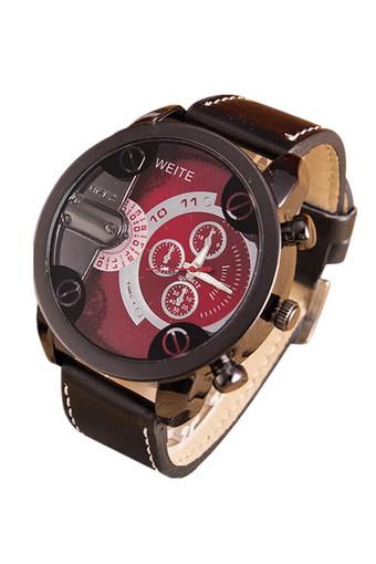 OEM Luxury Mens Analog Sport Steel Case Quartz Leather Wrist Watch Red Jam Tangan  