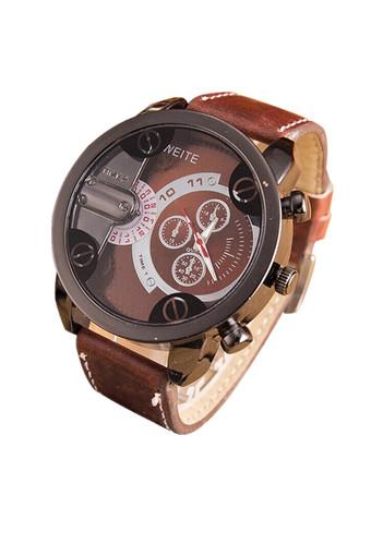 OEM Luxury Mens Analog Sport Steel Case Quartz Leather Wrist Watch Brown Jam Tangan  