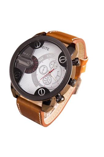 OEM Luxury Mens Analog Sport Steel Case Quartz Leather Wrist Watch White Jam Tangan  