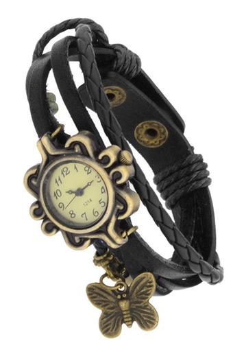 OEM Womens Weave Butterfly Black Leather Vintage Bangle Bracelet Strap Watch  