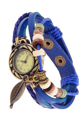 OEM Womens Weave Leaf Blue Leather Vintage Bangle Bracelet Strap Watch  