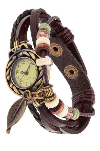 OEM Womens Weave Leaf Coffee Leather Vintage Bangle Bracelet Strap Watch  