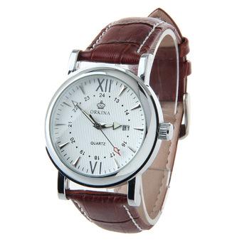 ORKINA 040 Men's Brown Leather Strap White Dial Quartz Watche with Calendar Display (Intl)  