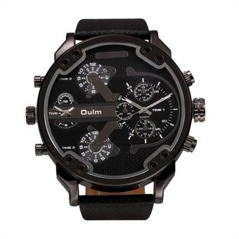 OULM Fashion Oversized Dual Dial Display Time Chronograph PU Leather Band Men's Watch Black (Intl)  