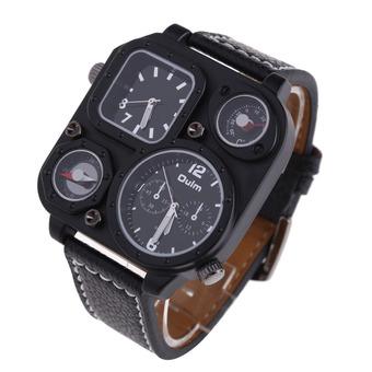 OULM Square Military Army Dual Time Zone Quartz Leather Men Watch Black  