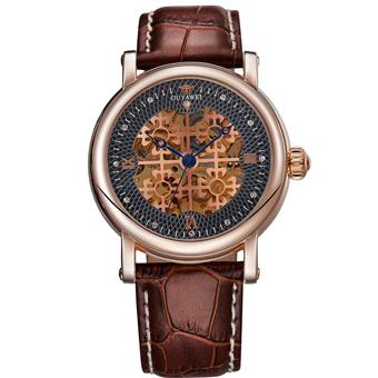 OUYAWEI Skeleton Leather Strap Automatic Mechanical Watch - OYW1343 - Gold  