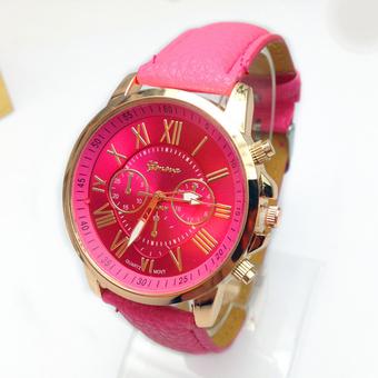Okdeals Roman Numerals Quartz Womens Faux Leather Wrist Watch Hot Pink (Intl)  
