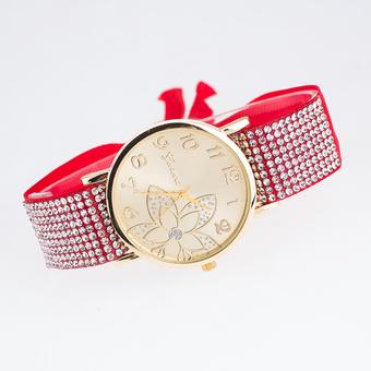 Okdeals Women Crystal Cloth Bracelet Analog Quartz Flower Dial Wristwatch New Red (Intl)  