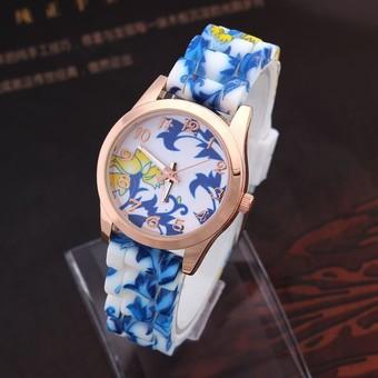 Okdeals Women Girl Silicone Band Printed Flower Watch Quartz Wristwatches Blue (Intl)  