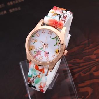 Okdeals Women Girl Silicone Band Printed Flower Watch Quartz Wristwatches Orange (Intl)  
