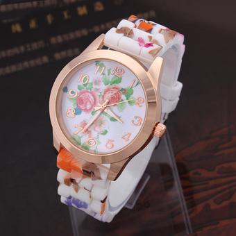 Okdeals Women Girl Silicone Band Printed Flower Watch Quartz Wristwatches Hot Pink (Intl)  