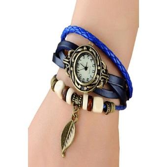 Okdeals Women's Leaf Decoration Leather Quartz Wrist Watch Blue (Intl)  