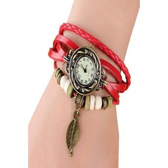 Okdeals Women's Leaf Decoration Leather Quartz Wrist Watch Red (Intl)  