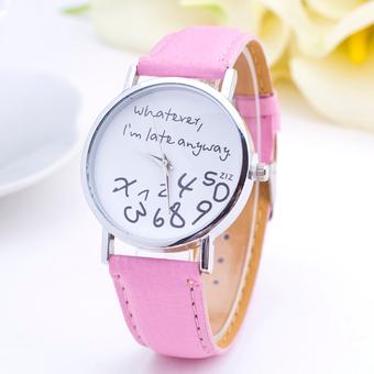 Okdeals Womens Leather Appealing Letters Analog Quartz Wrist Watch Pink  