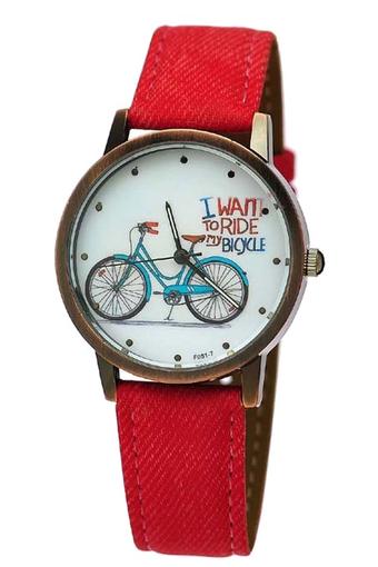 Ormano Fashion - Jam Tangan Unisex - Merah - Denim Strap - Fun Bicycle Watch  