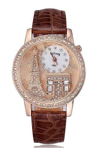 Ormano Fashion - Jam Tangan Wanita - Coklat - Tali Kulit - Faux Leather Eiffel Diamond Watch  