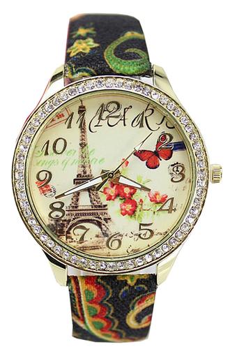 Ormano Fashion - Jam Tangan Wanita - Hitam - Faux Leather - Eiffel Flower Watch  