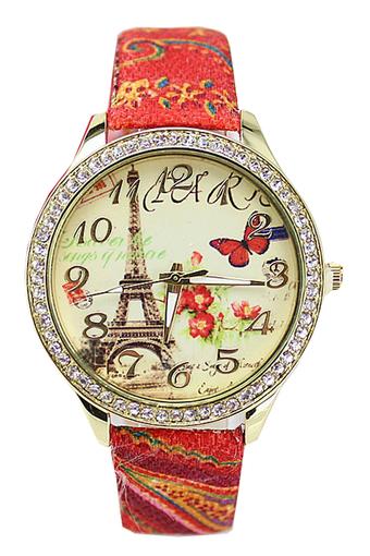 Ormano Fashion - Jam Tangan Wanita - Merah - Faux Leather - Eiffel Flower Watch  