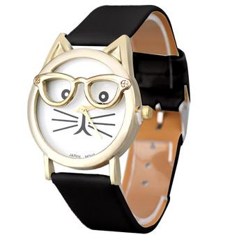 Ormano - Jam Tangan Unisex - Hitam - Strap Leather - Spectacle Cat Casual Watch  