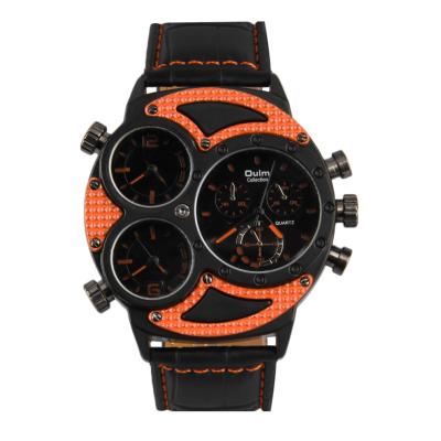 Oulm 3594 Luxury Big Dial 3 Time Zone Quartz Sport Leather Band Wrist Watch - Orange