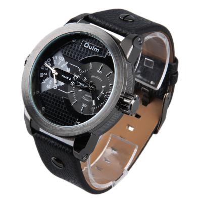 Oulm Men's 2 Dials Time PU Leather Band Military Analog Quartz Watches - Black