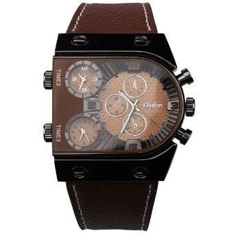 Oulm Men's Army Watches Three Time Zone Quartz Movement Leather Band Analog Wrist Watch brown - Intl  