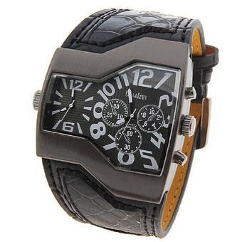 Oulm Men's Dual Time Zones Military Fashion Wide Leather Strap Watch - Intl  