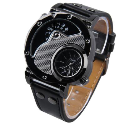 Oulm Men's Military Army Dual Dials Movements PU Leather Sports Wrist Watch - Black