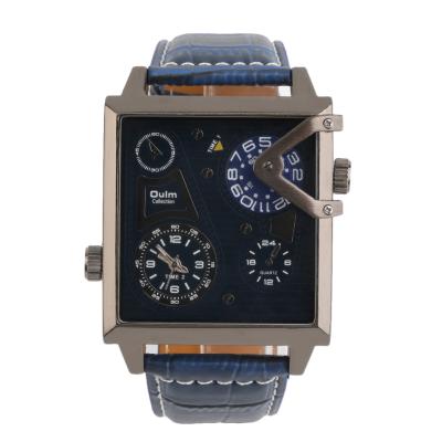Oulm Steel Men's Square Case Dual Movement PU Leather Belt Quartz Watch 3577 - Blue