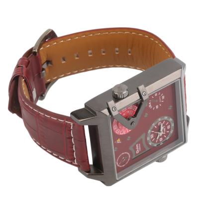 Oulm Steel Men's Square Case Dual Movement PU Leather Belt Quartz Watch 3577 - Red