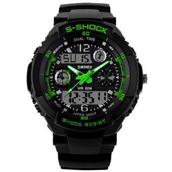 Outdoor Sports Waterproof Shockproof Watch Multifunction Dual Time Display LED Analog Digital Watch Men Electronic Waterproof Wristwatches Green  