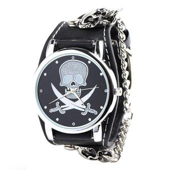 Punk Rock Skull Skeleton Leather Band Unisex Chain Bracelet WristWatch (Intl)  