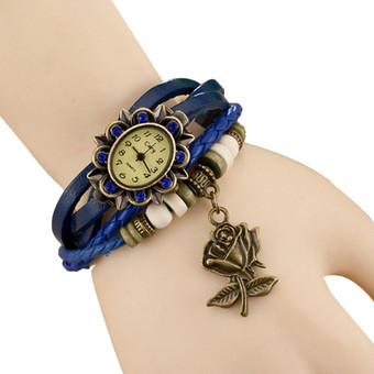 Quartz Weave Around Leather Rose Bracelet Lady Woman Wrist Watch DarkBlue (Intl)  
