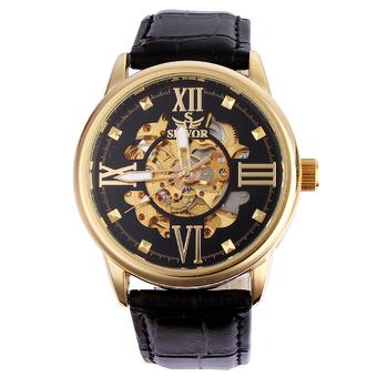 SEWOR Mens Leather Skeleton Automatic Mechanical Watch (black gold) (Intl)  