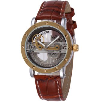 SHENHUA WSH372 Fashion Transparent Skeleton Men's Automatic Mechanical Sport Watch Brown Leather Strap (Gold) (Intl)  