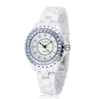 SKONE Brand Rhinestones White Ceramic Watch Women Gear Alloy Quartz Ladies Watch- blue  
