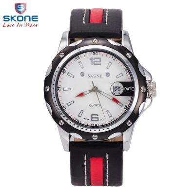 SKONE Casual Men Leather Strap Watch Water Resistant 10m - 9117 - Black/Red