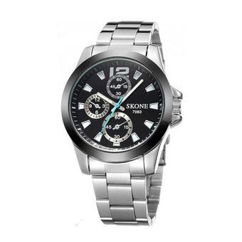 SKONE Casual Men Stainless Strap Watch Water Resistant 10m - 7063 - Silver-Hitam  