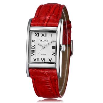 SKONE Women Luxury Fashion Casual Quartz Watch Roman Number Square Dial Leather Wristwatches silver red (Intl)  