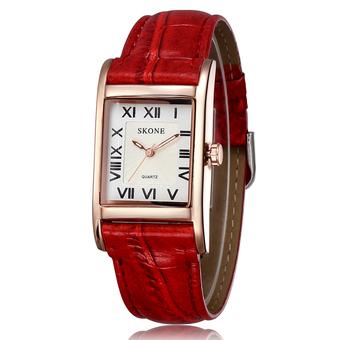 SKONE Women Luxury Fashion Casual Quartz Watch Roman Number Square Dial Leather Wristwatches gold red (Intl)  