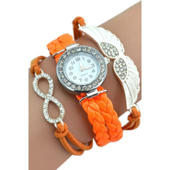Sanwood Retro Leather Crystal Dial Bracelet Watch Angel Wings Bangle Watch Orange  