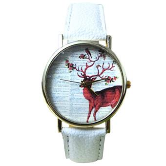 Sanwood Unisex Colorful Sika Deer Faux Leather Band Quartz Analog Wrist Watch White  